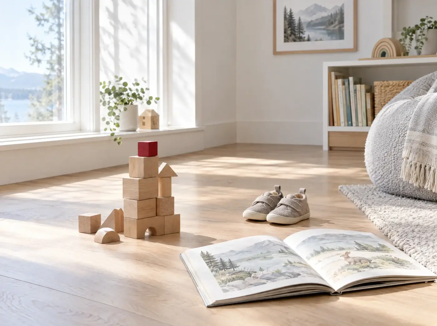 Wooden toy blocks and a pair of small shoes on a sunny floor