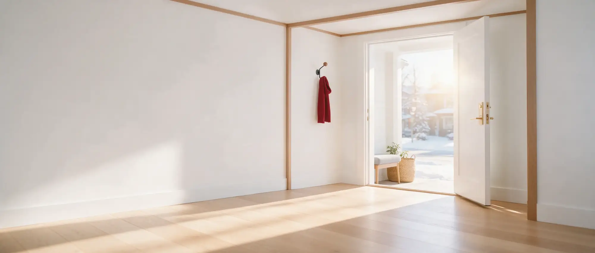 A front door standing open onto a sunny winter street