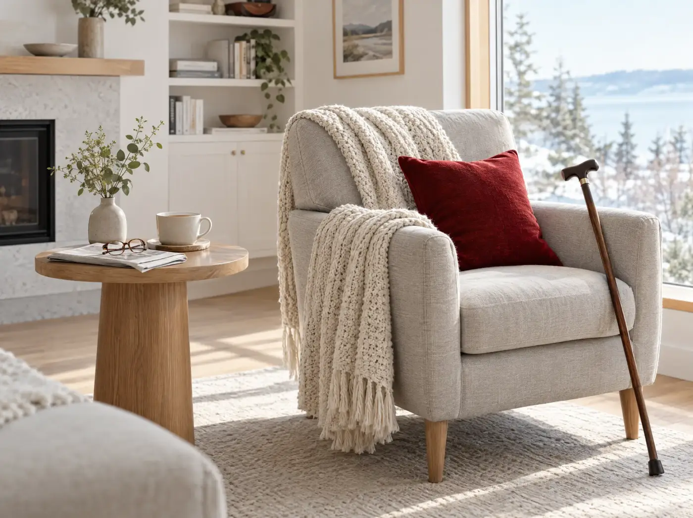 An armchair with a blanket, a cup of tea and a walking cane in a sunlit room