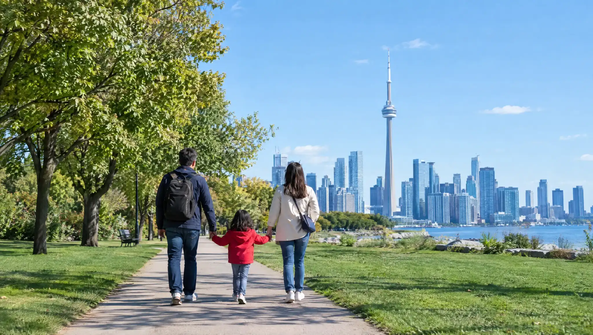 A family walking hand in hand along a sunny Toronto park path toward the skyline, the child in a red jacket