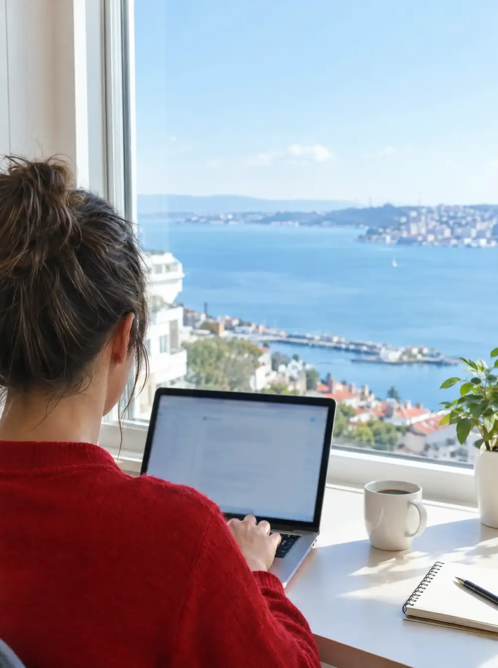 Over-the-shoulder view of a professional in a red sweater working on a laptop by a sunny window