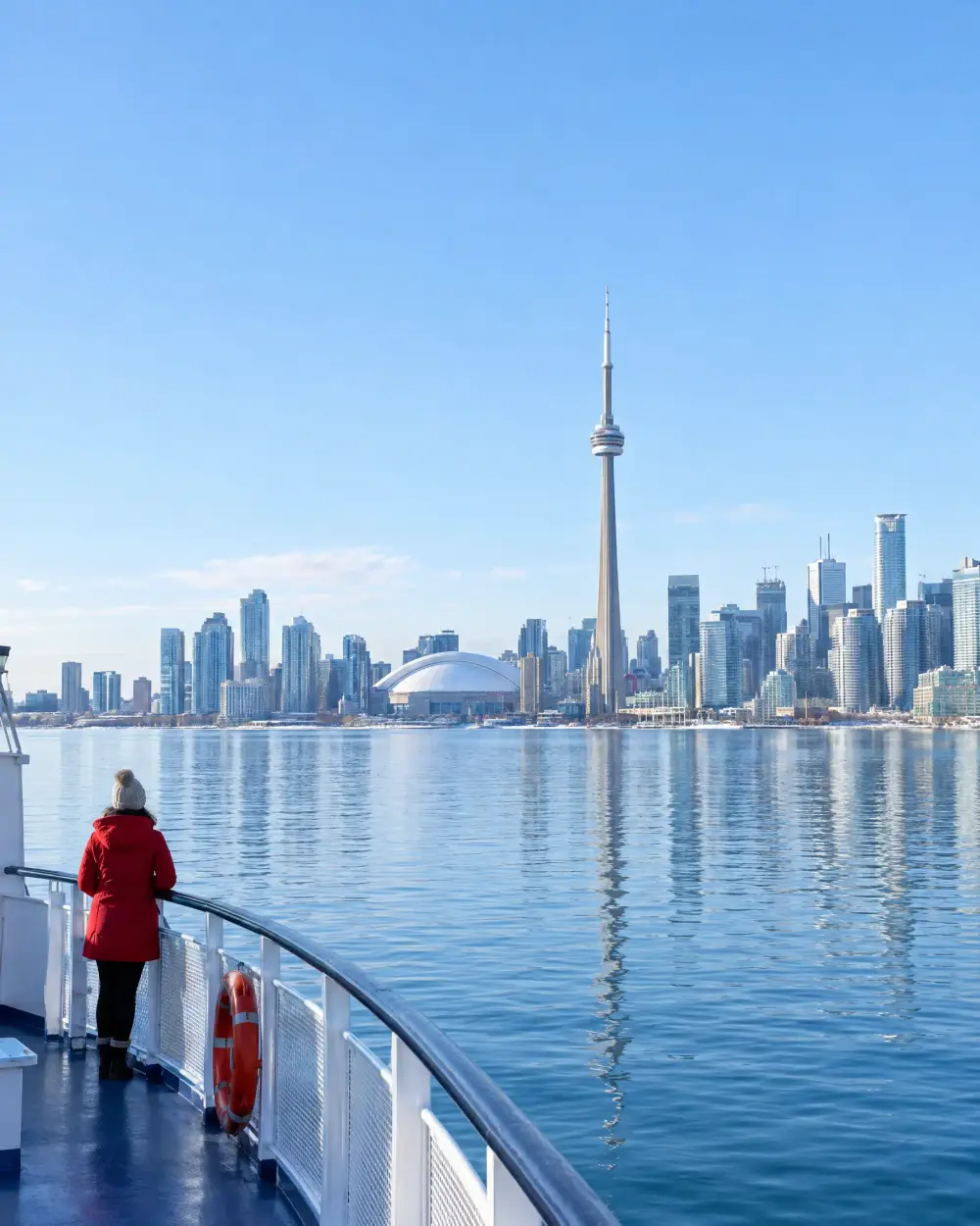Toronto skyline across Lake Ontario from a ferry deck, a person in a red coat at the railing