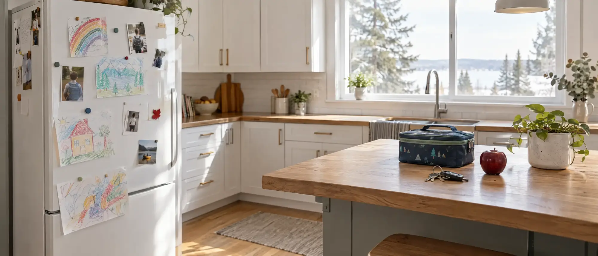 A family kitchen with children's drawings on the fridge, a lunchbox and house keys on the counter