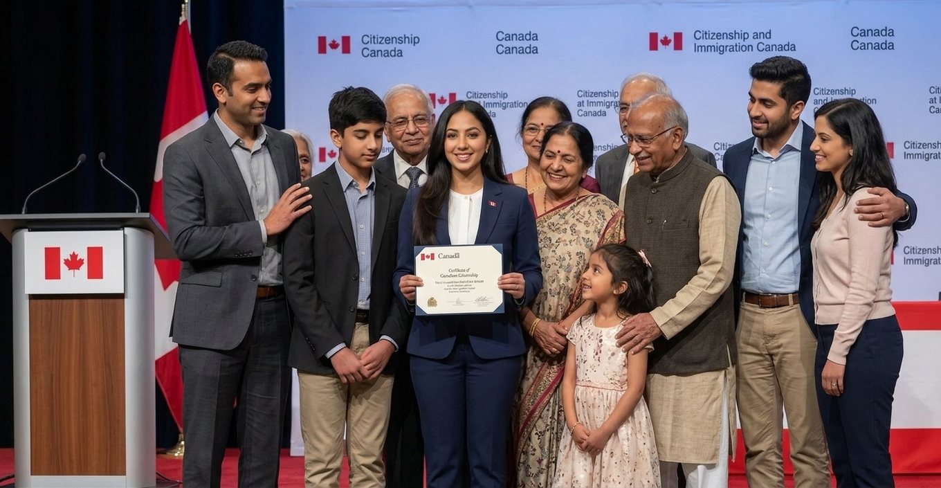 A family celebrating together at a Canadian citizenship ceremony