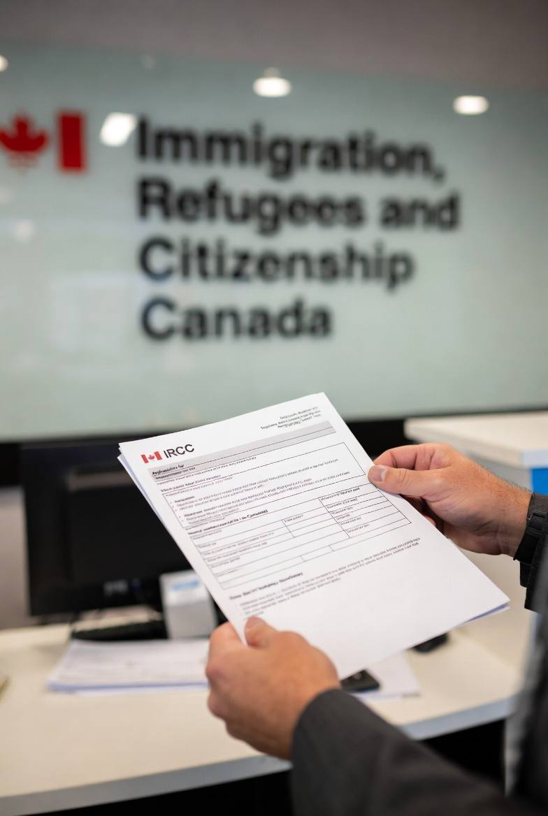 An IRCC application form being completed by hand