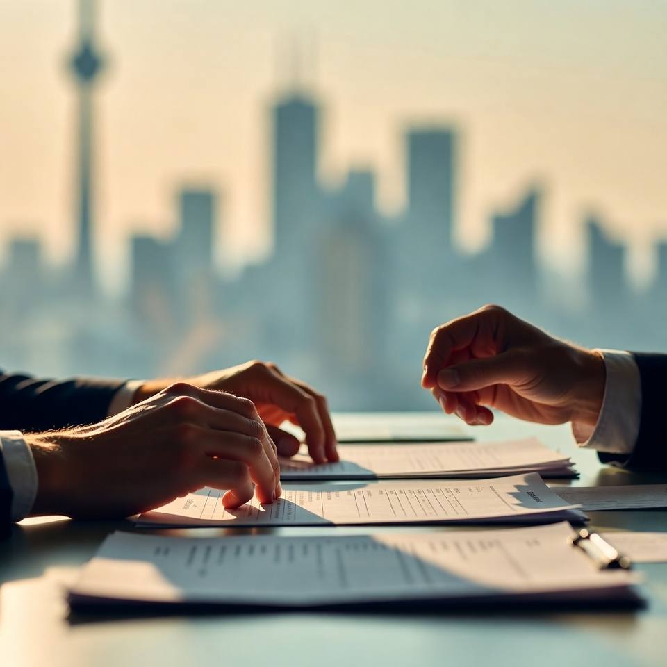 Two people reviewing an immigration file together at a desk