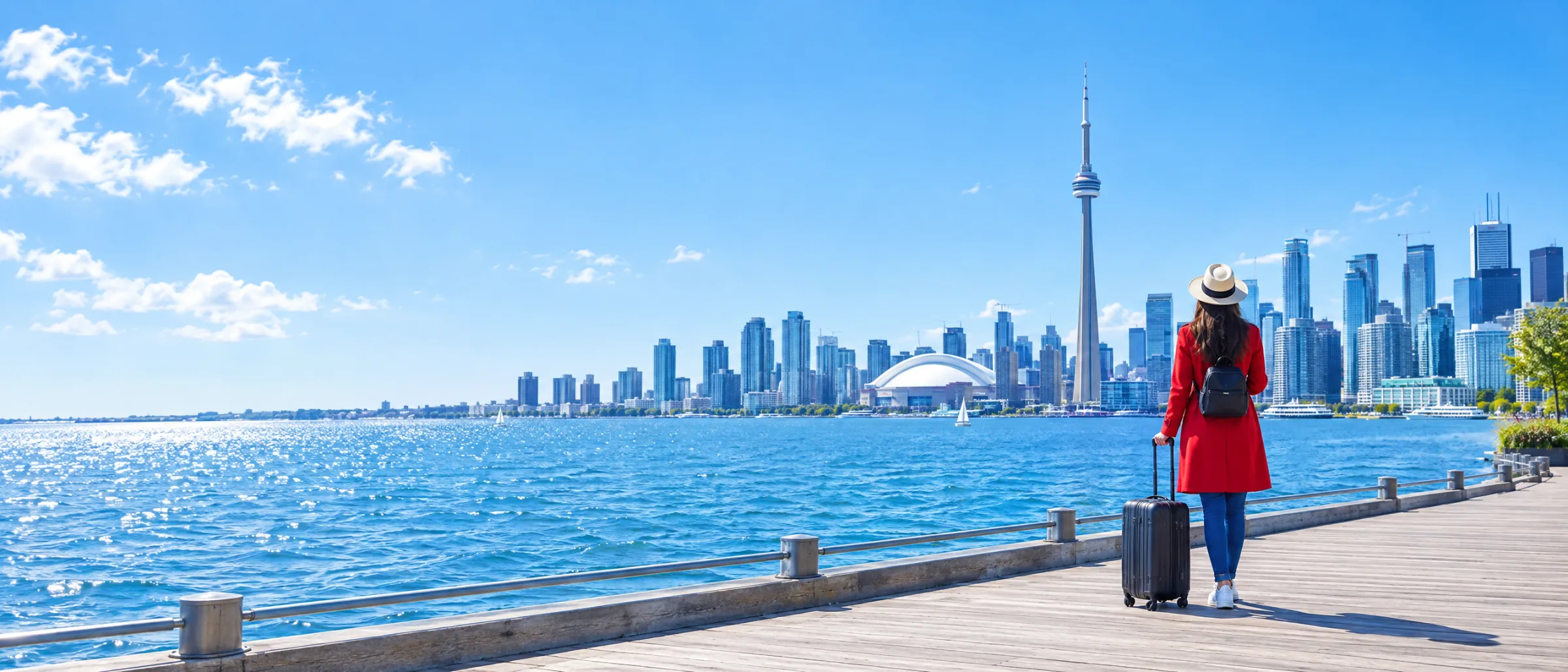 A traveller in a red coat with a suitcase looks across Lake Ontario at the sunny Toronto skyline