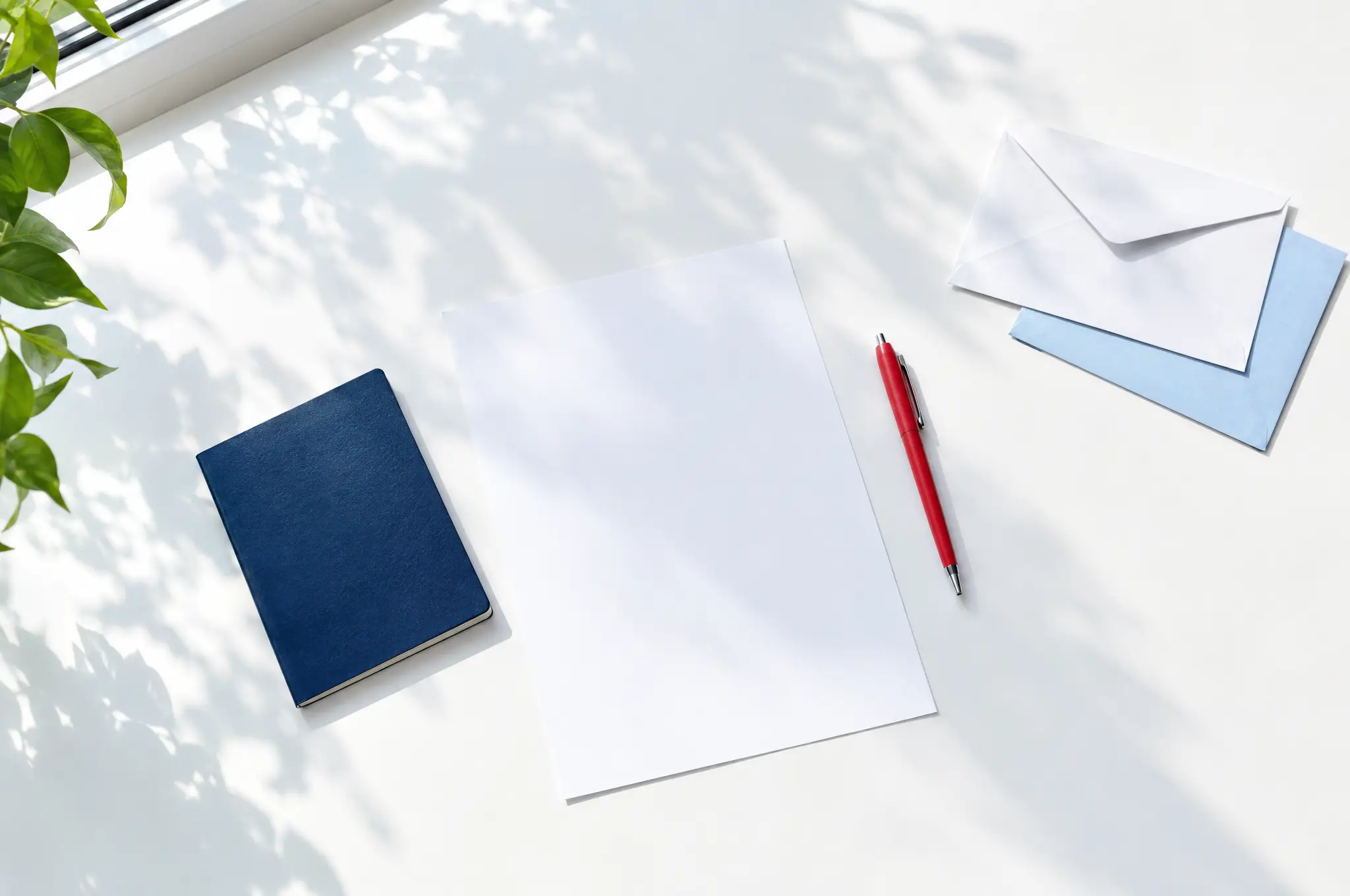 A blank sheet of paper beside a closed passport, a red pen and two plain envelopes on a bright desk by a window