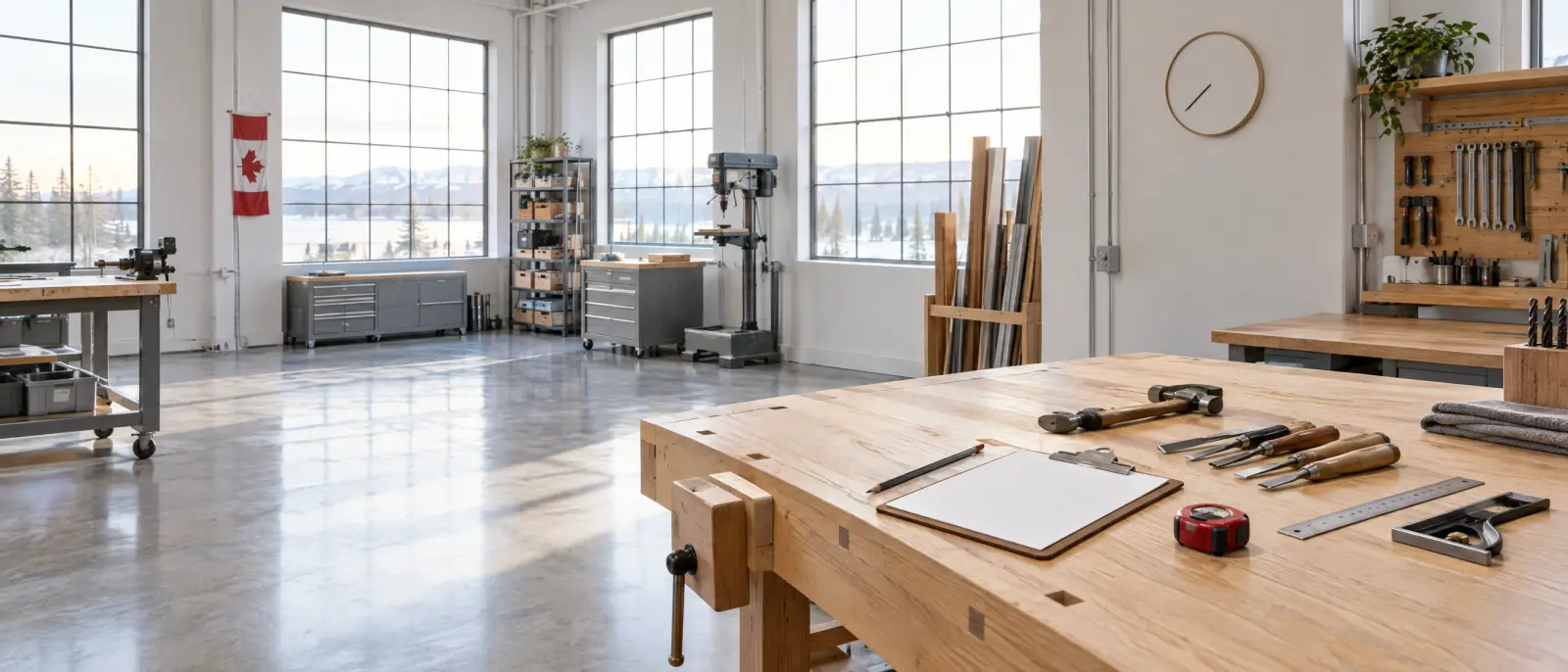 Un atelier vide dans la lumière du petit matin, des outils disposés sur un établi en chêne, prêts pour le quart de la journée