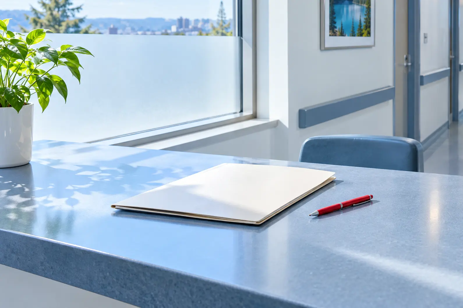 A closed blank folder and a red pen on a blue-grey reception counter in a bright clinic corridor with a frosted window