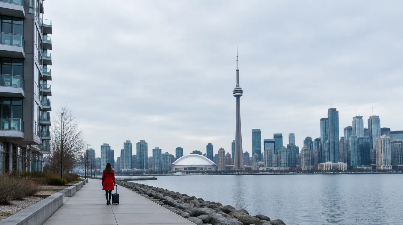 A newcomer in a red coat walks with a small suitcase along the Toronto waterfront, the skyline across the water