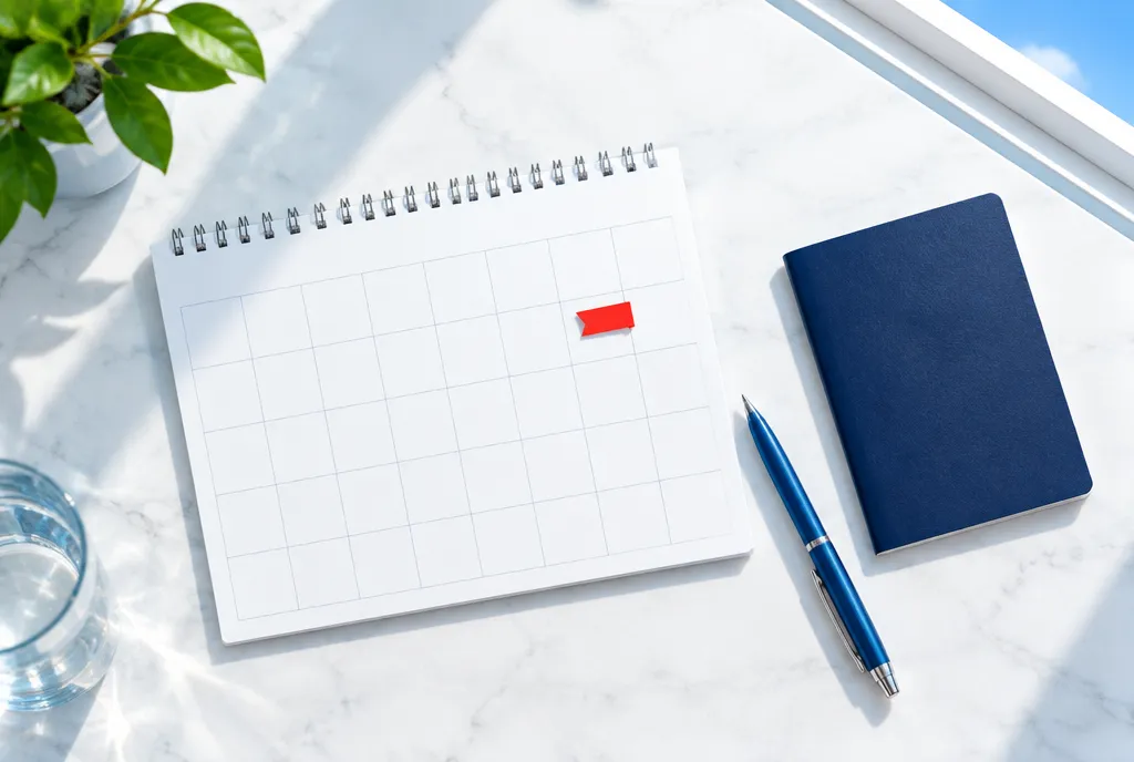 A blank wall calendar with one red tab marking a date, a blue pen and a plain navy travel document on a white desk