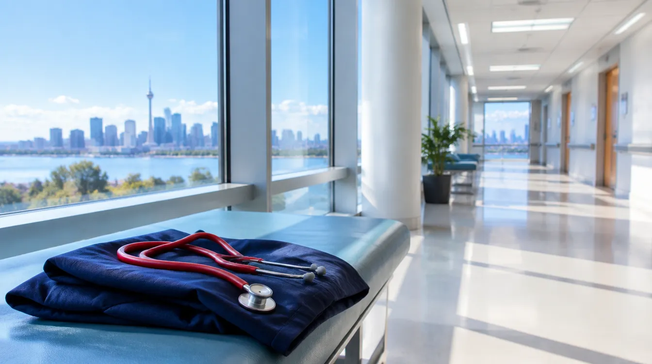 A red stethoscope on a folded navy jacket in a bright, empty hospital corridor with a city view through the windows