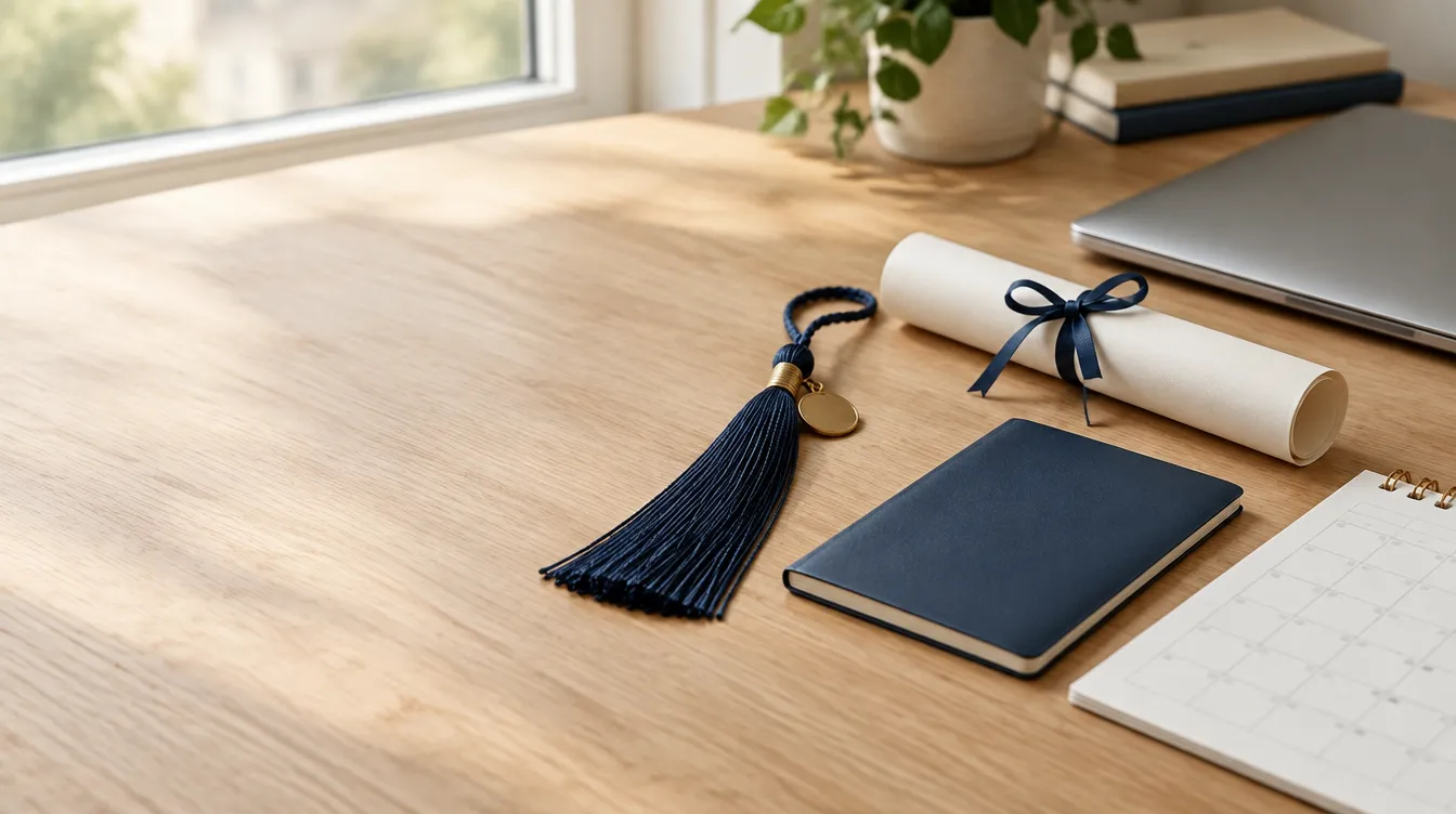 A navy graduation tassel, a rolled diploma tied with ribbon and a navy passport on an oak desk beside a closed laptop