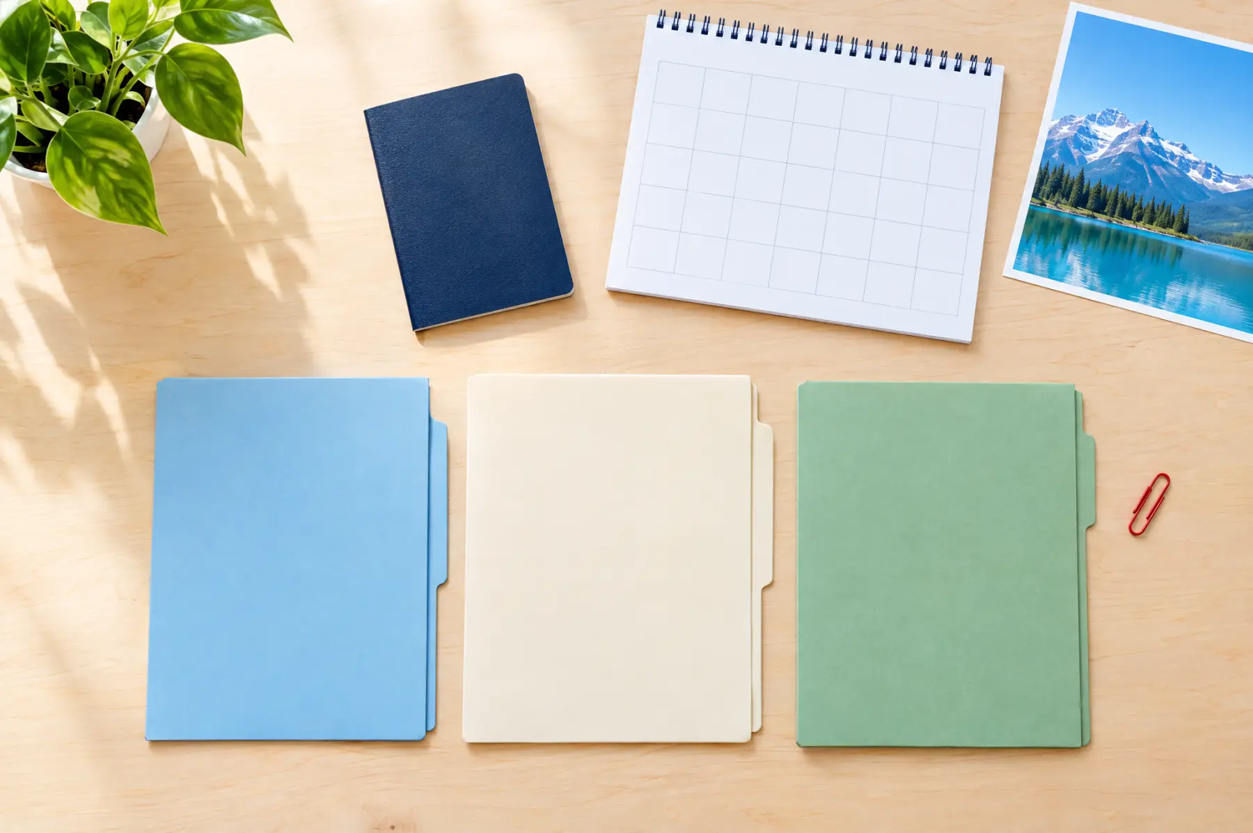 Overhead still life on a pale maple desk: a closed navy passport, a blank calendar page and three unmarked folders in a row with a small red paper clip