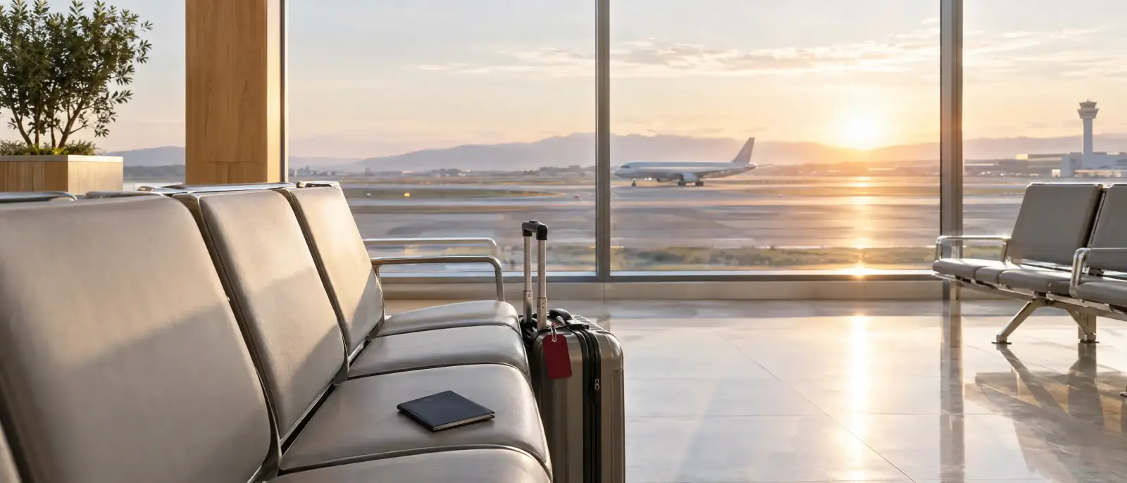 An airport lounge at sunrise with a suitcase and a passport on a seat