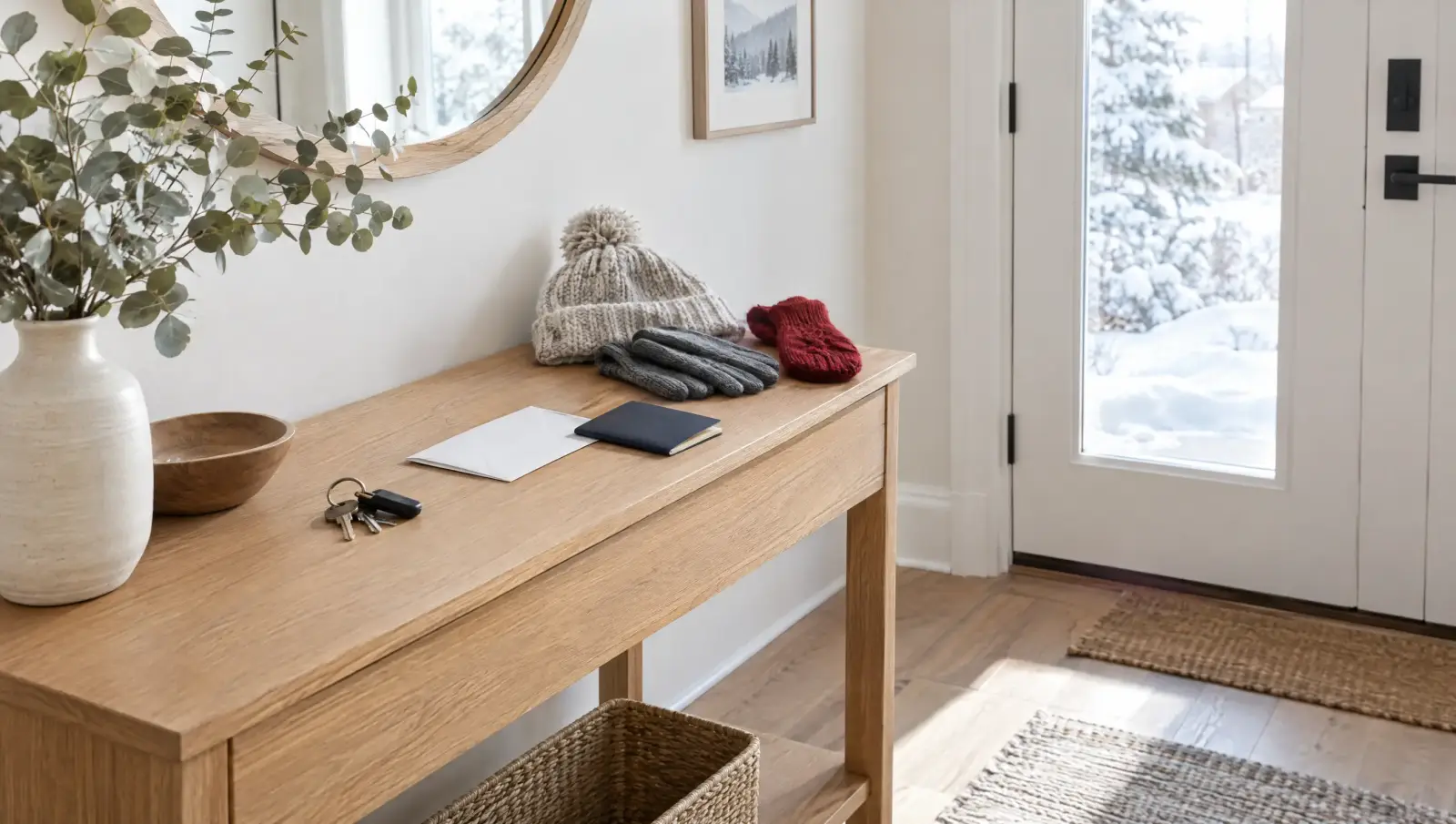 A home entryway with keys, an envelope and a passport on a console table