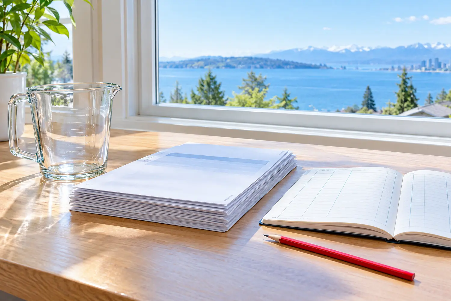 A glass measuring jug, a stack of blank bank statements, an open ledger and a red pencil on a sunlit desk by a window over the water