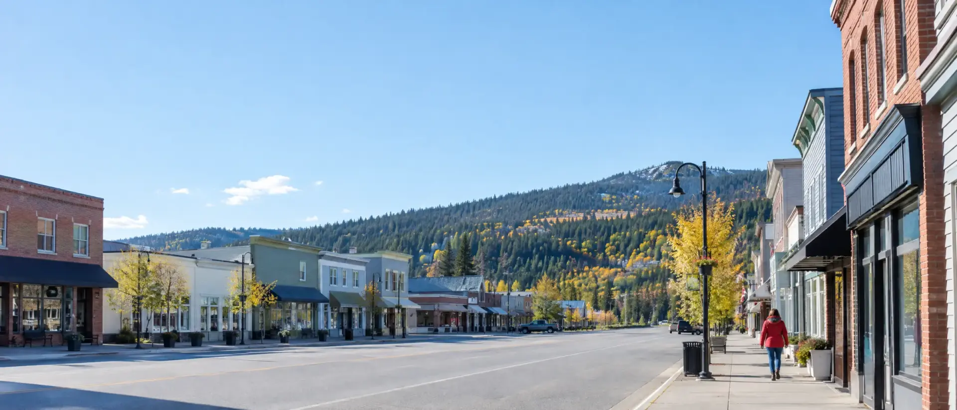 La rue principale tranquille d’une petite ville canadienne par un matin d’automne ensoleillé, une personne en veste rouge marchant sur le trottoir