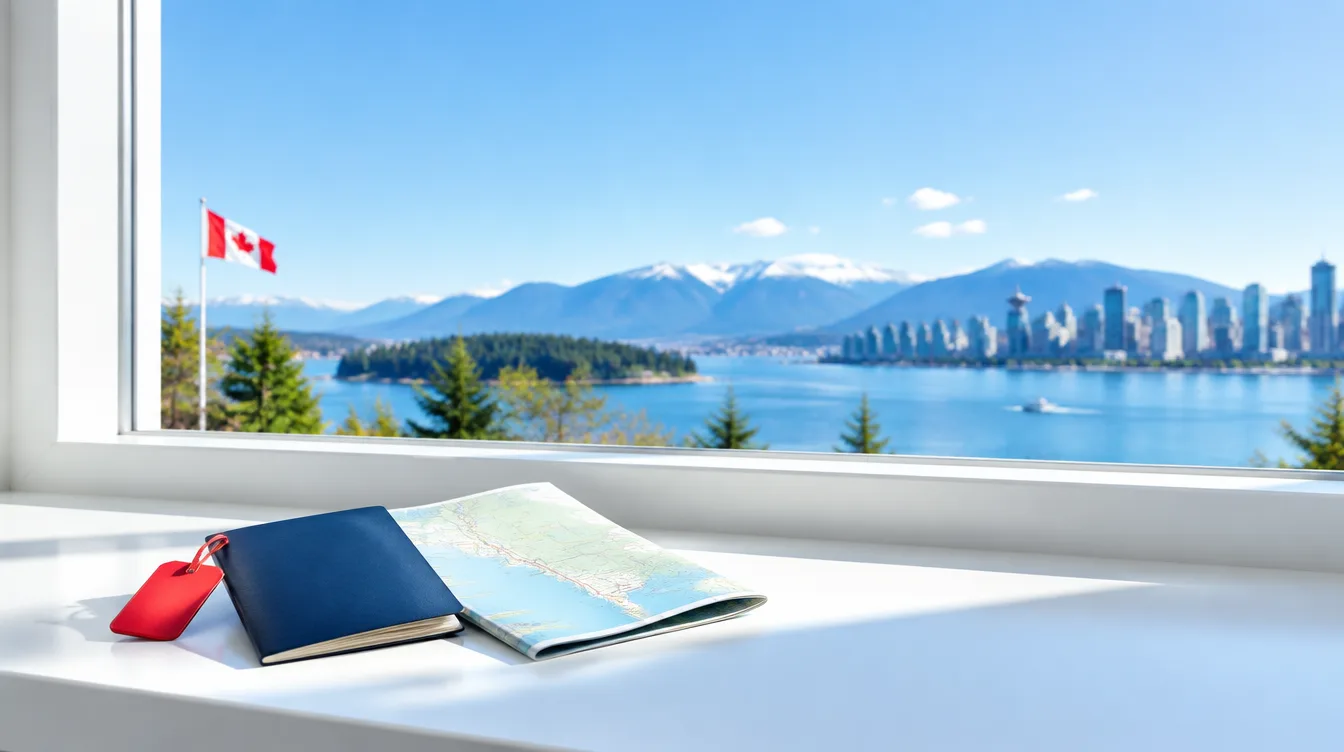 A closed dark blue travel document with a small red luggage tag beside a folded map on a bright windowsill, a harbour and mountains beyond the glass