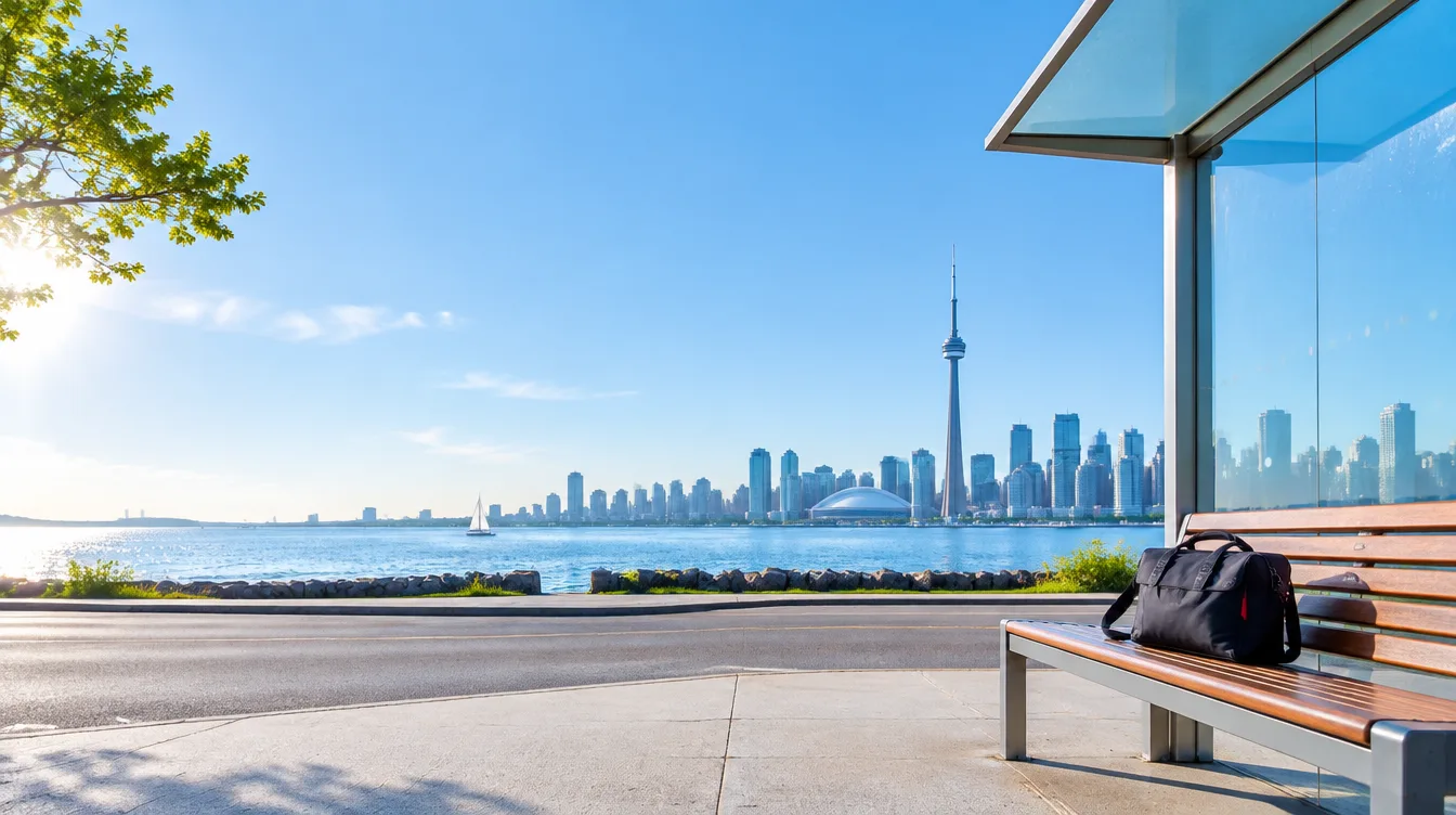 An early-morning bus stop by the lake in Toronto, a work bag with a small red tag waiting on the bench