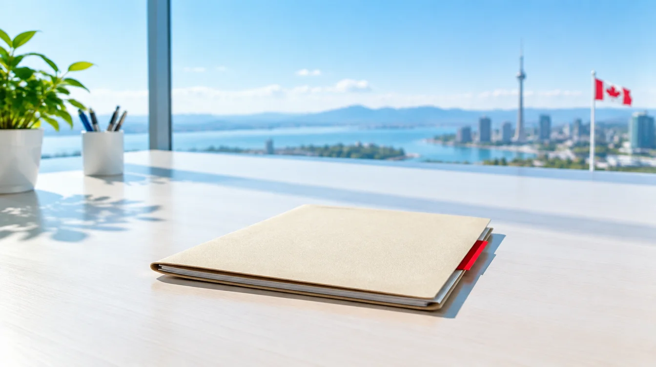 A closed paper case folder with a red tab on a sunlit office desk, Toronto and Lake Ontario through the window