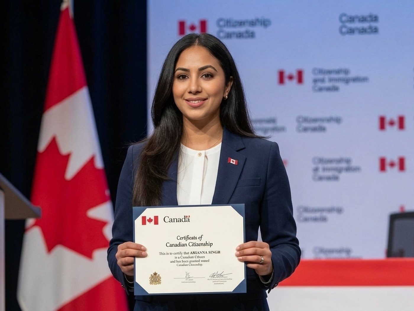 A new Canadian holding her certificate of Canadian citizenship at a ceremony, with the Canadian flag beside her