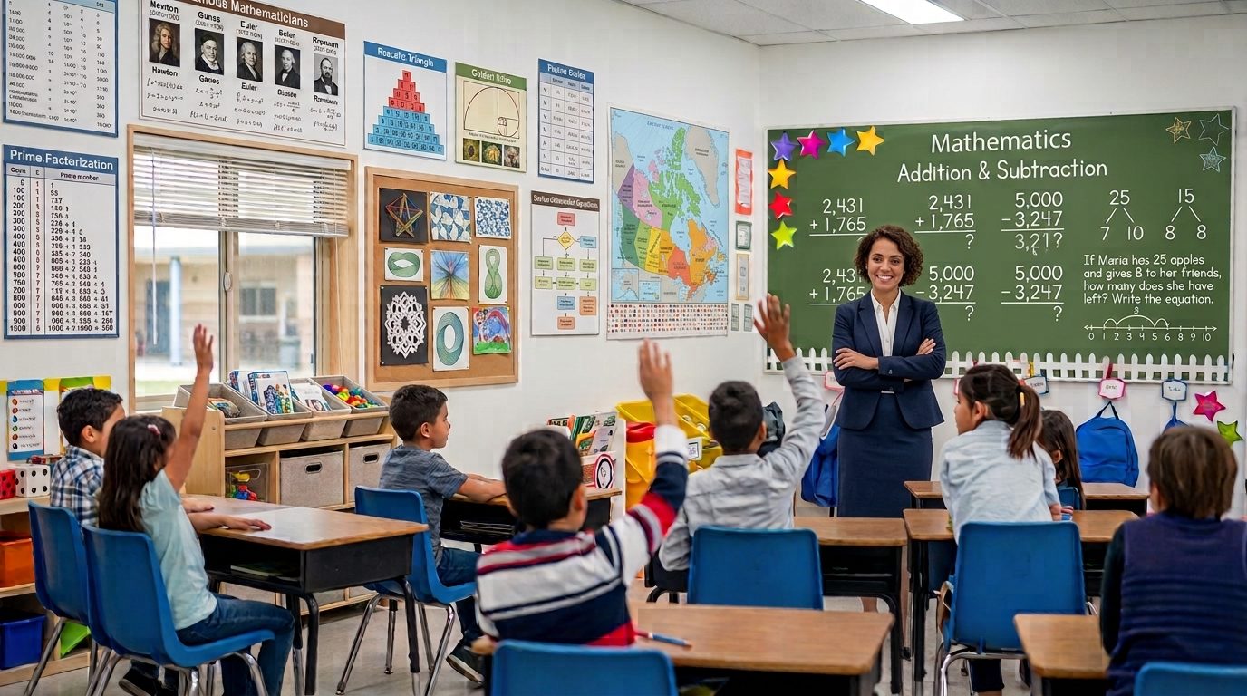 A teacher with arms folded beside a chalkboard in a bright primary classroom
