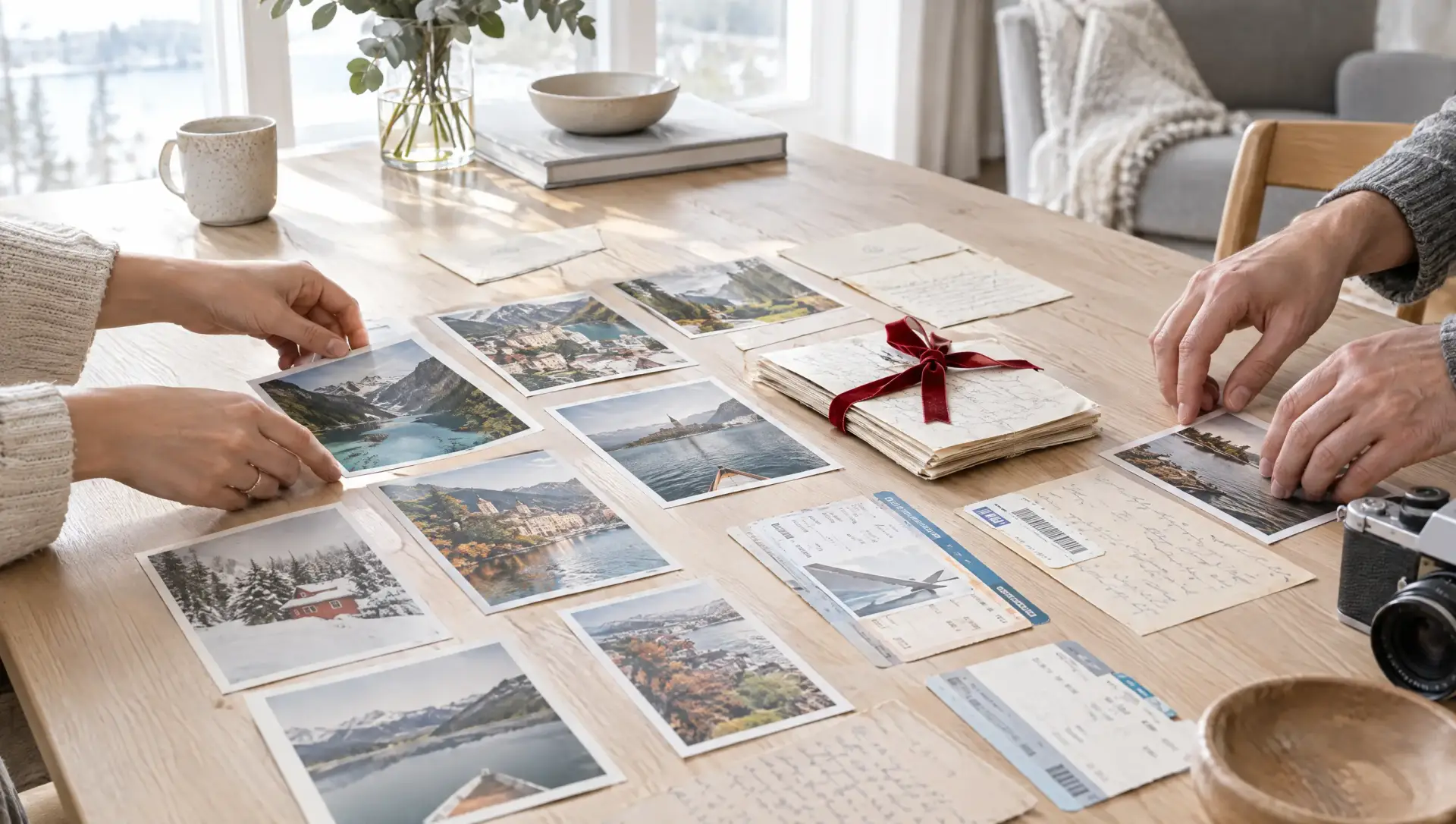 Hands arranging photographs, letters and travel tickets on a table