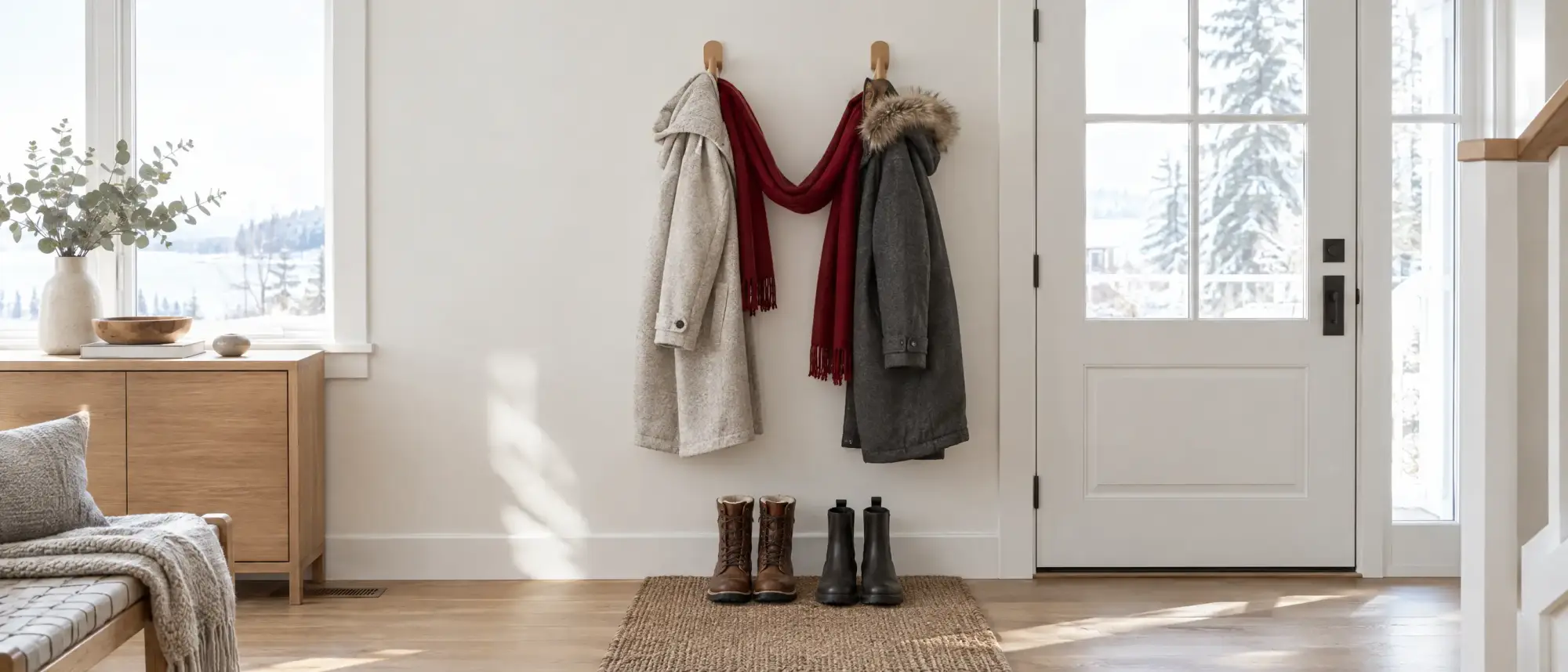 Two winter coats hanging side by side by a front door, joined by one red scarf