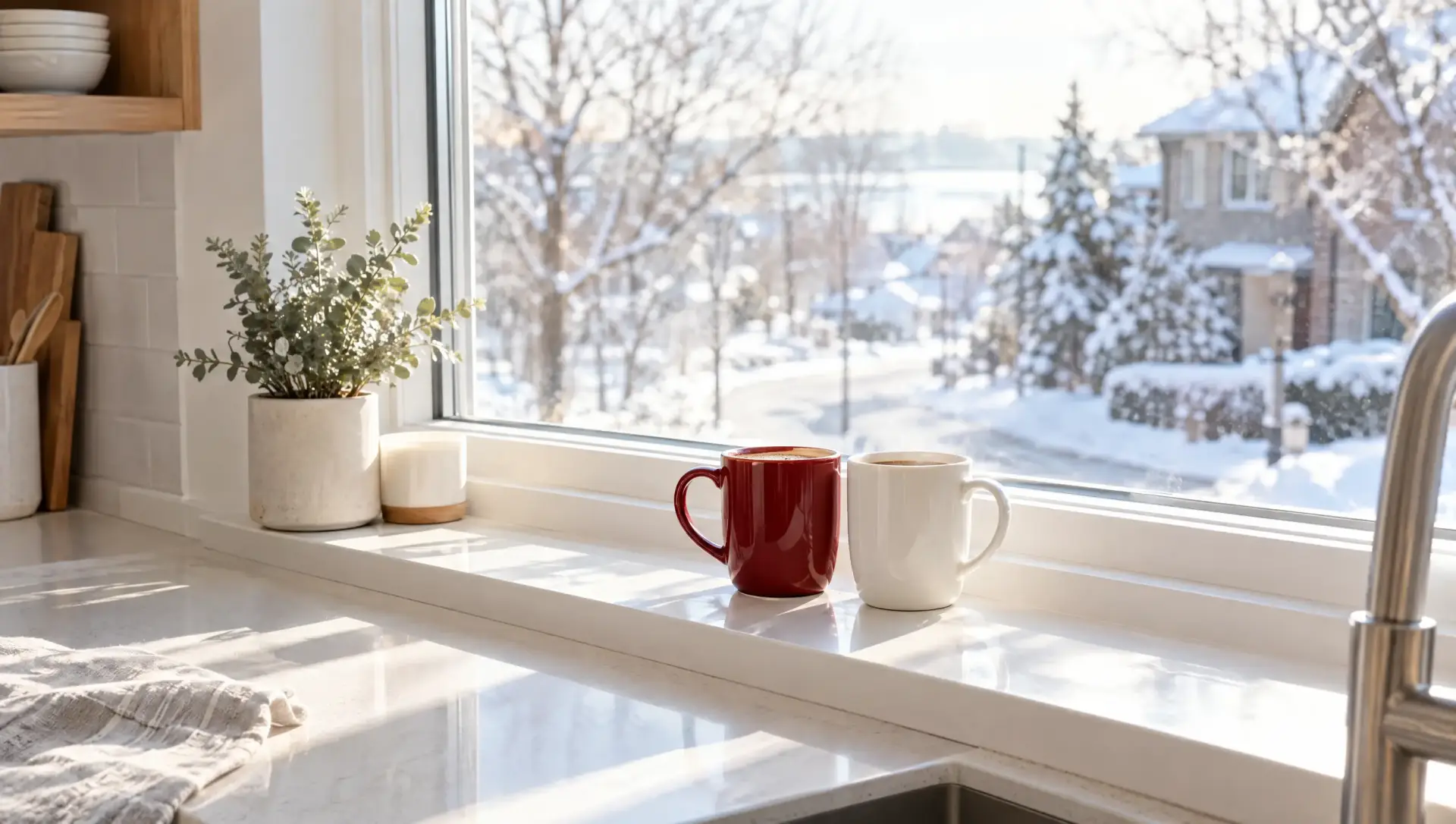 Two coffee mugs on a sunny kitchen windowsill in winter