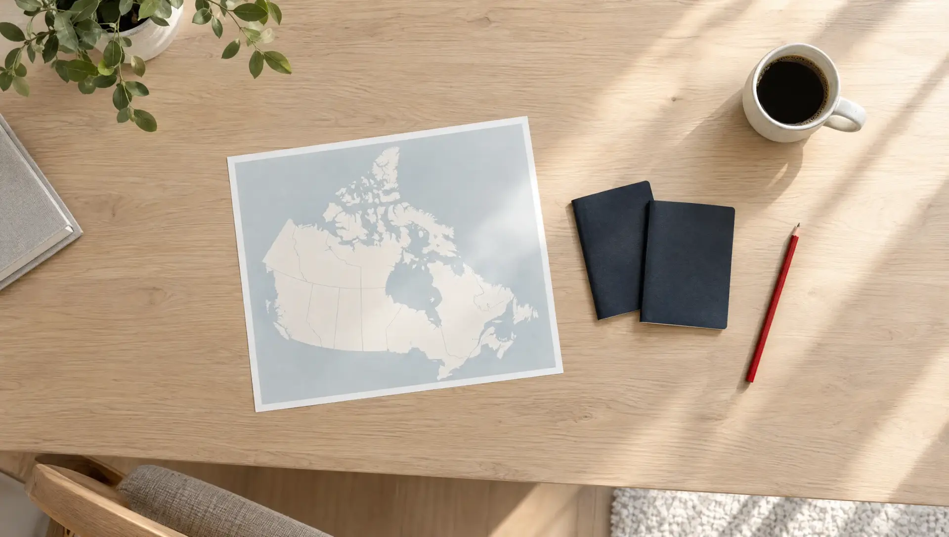 Two passports and a map of Canada on a desk