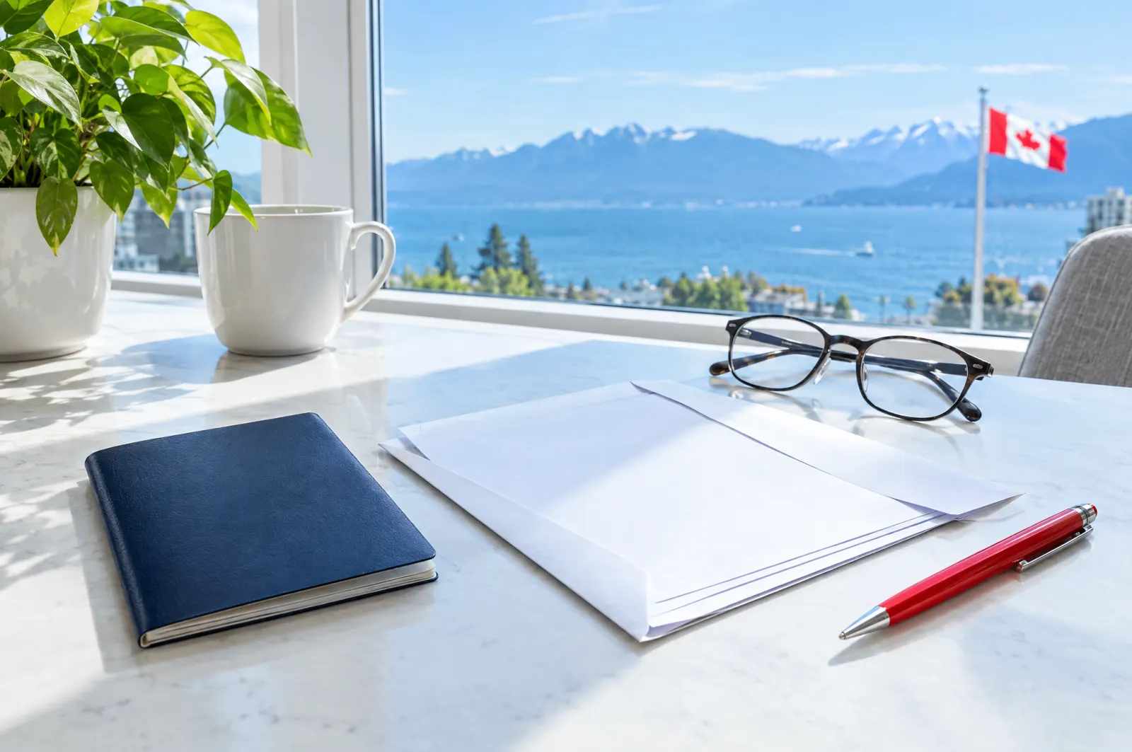 A closed passport, a blank policy envelope, reading glasses and a red pen on a bright table by a window