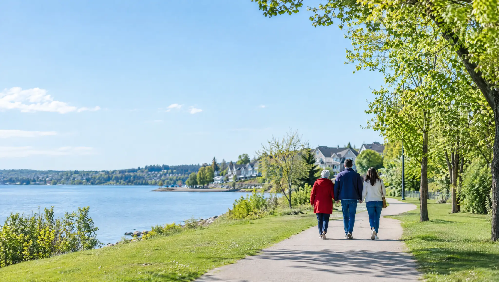 A grandparent in a red coat walks with family along a lakeside park path in Canada, seen from behind