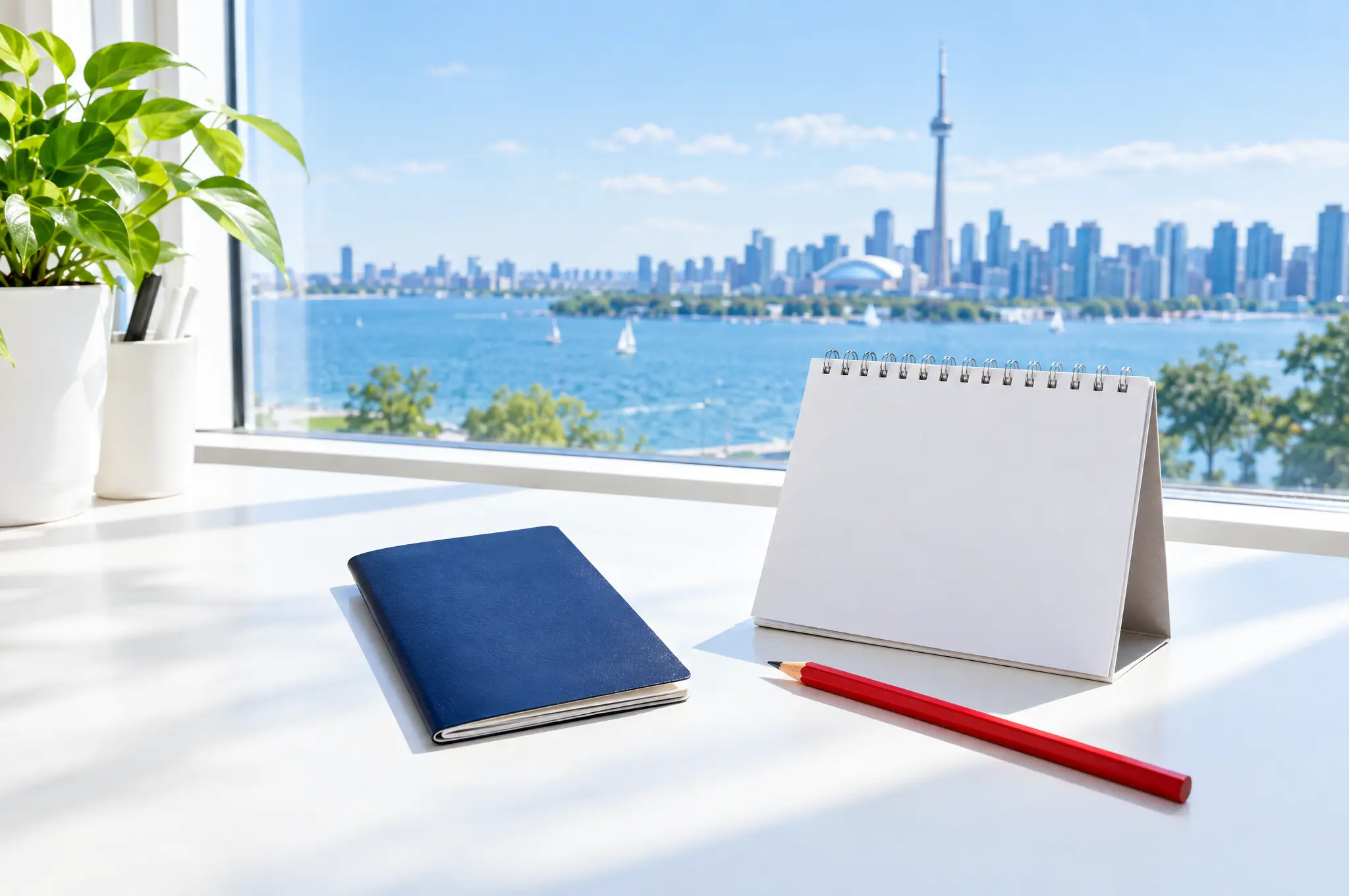 A closed passport beside a blank desk calendar and a red pencil on a bright desk by a window over the Toronto waterfront