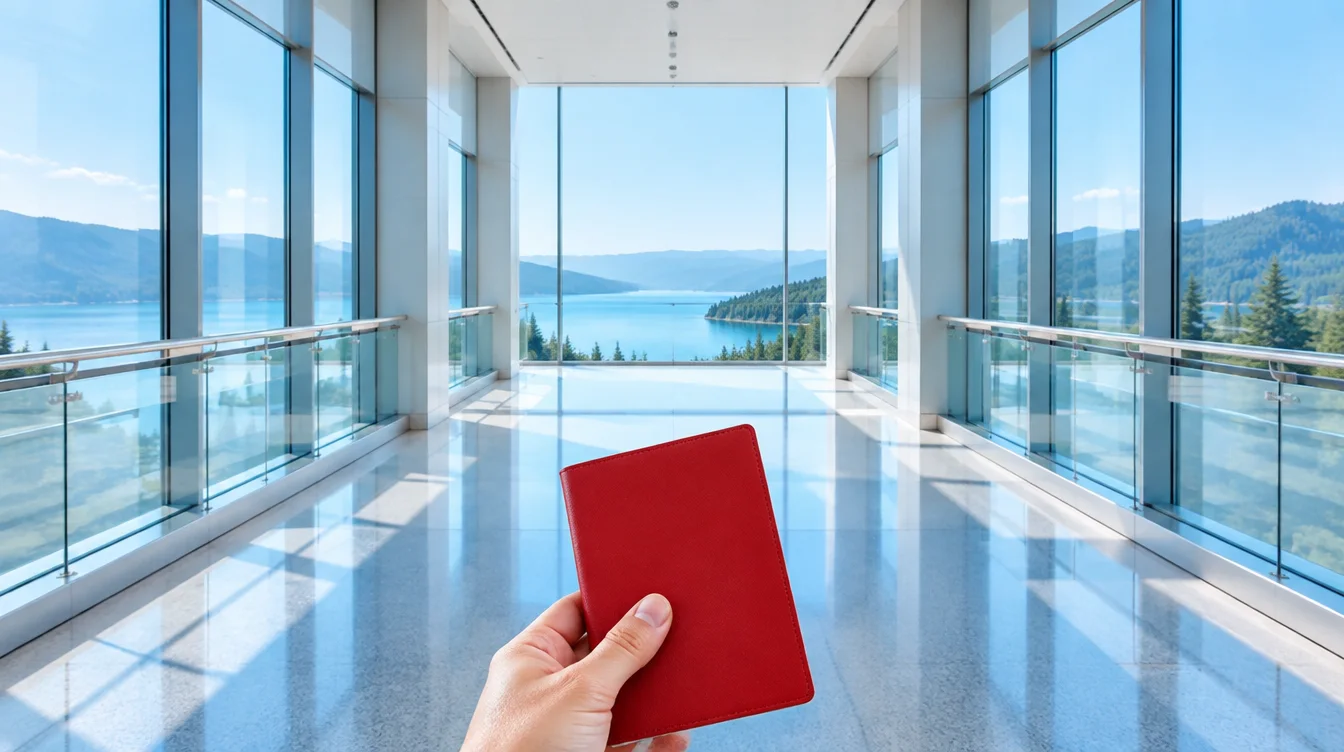 A bright airport corridor of glass walls leading to a tall window over a lake and forested hills, a hand holding a red travel document sleeve