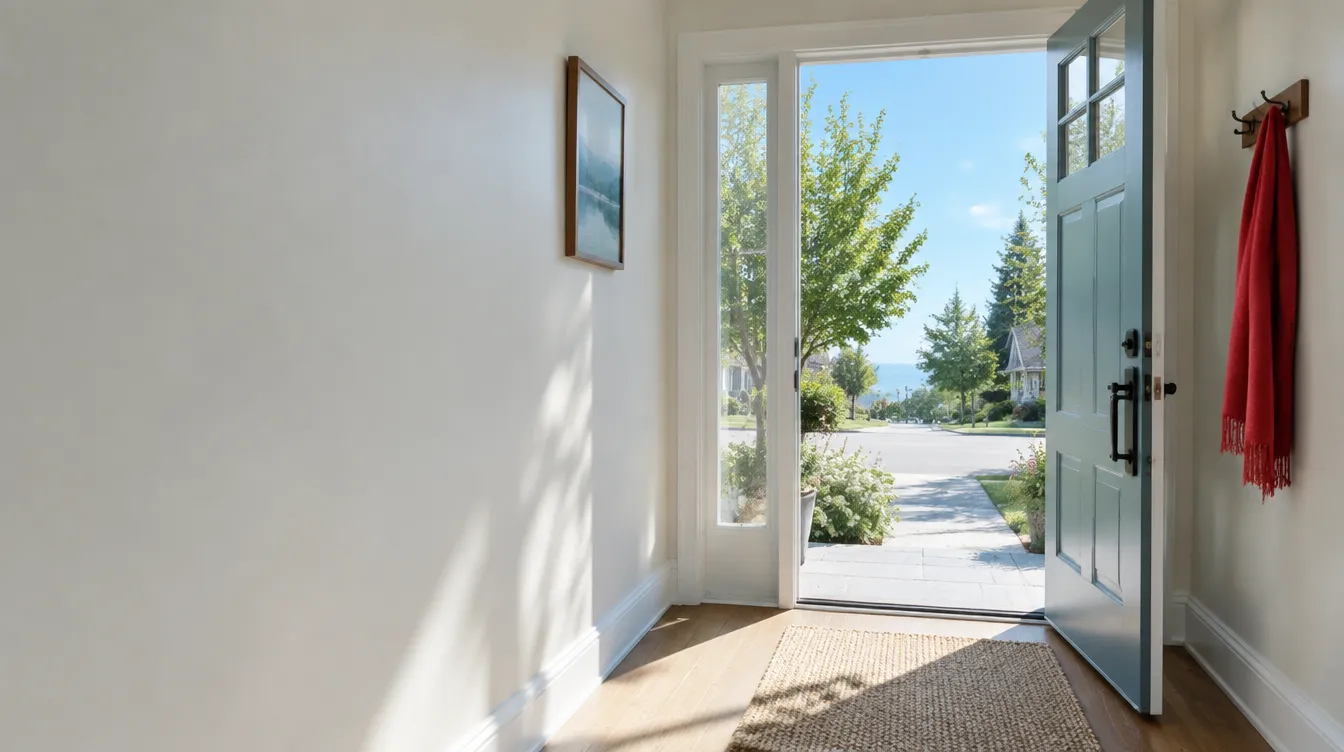 A quiet hallway with the front door standing open onto a sunny tree-lined street, a red scarf hanging on a hook beside the door