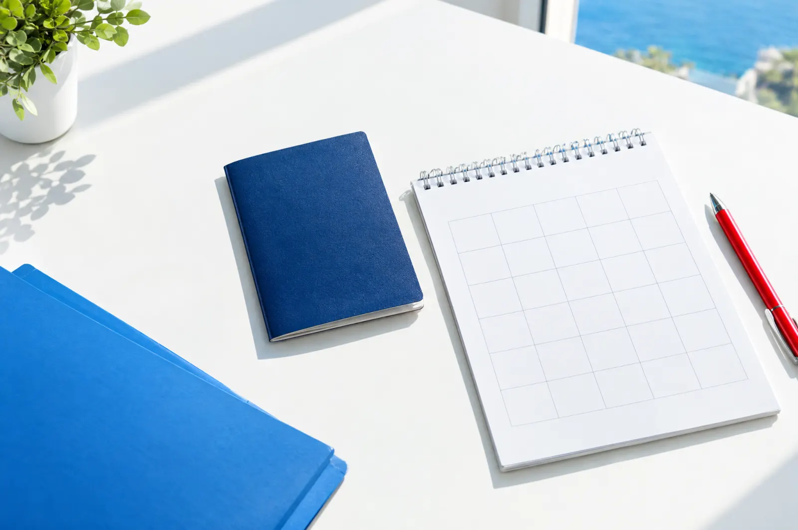 A blank passport beside an empty calendar, a blue folder and a red pen on a bright desk