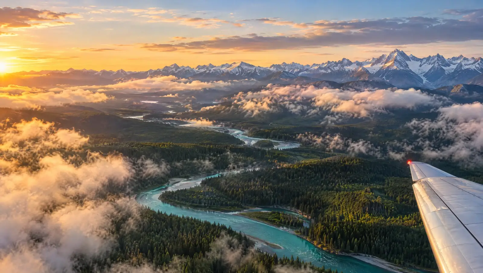 The view from a window seat on descent over Canada at sunrise: clouds parting over forest, a turquoise river and snow-capped mountains, with the aircraft wing at the edge