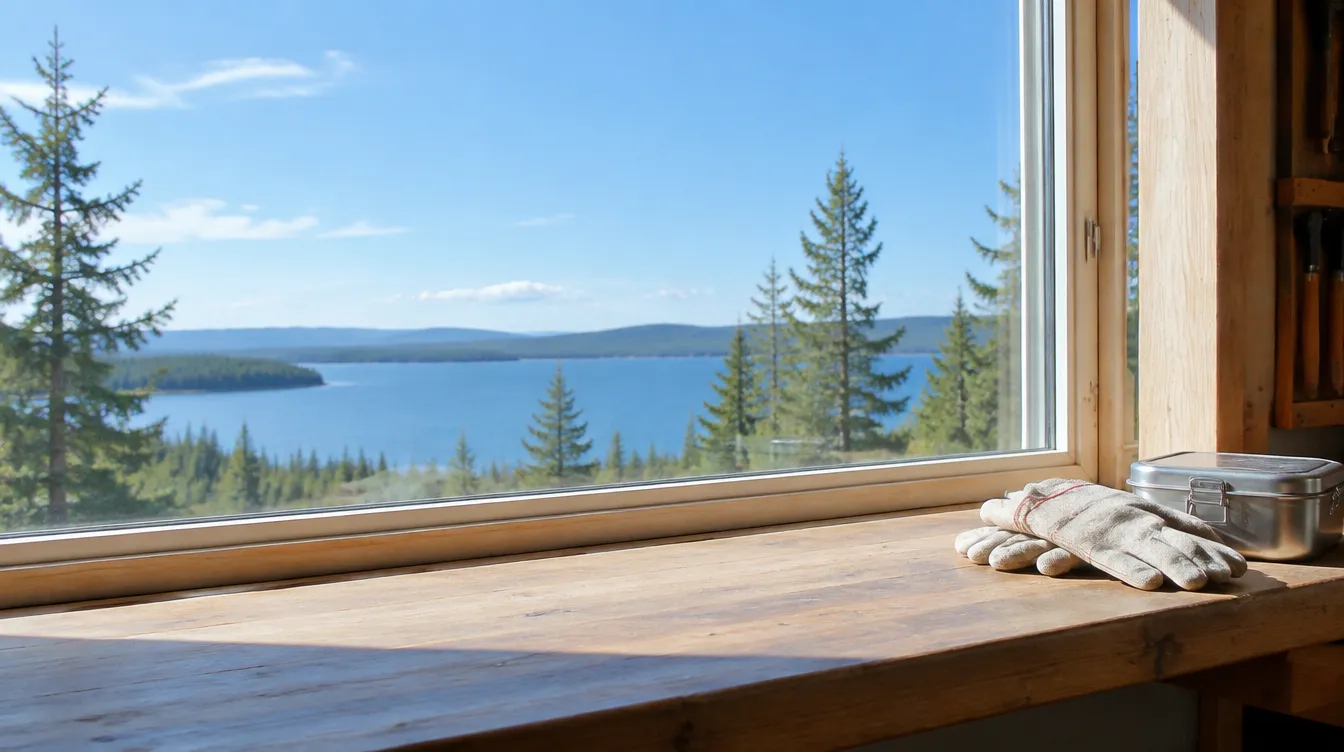A wide workshop window looking out over evergreens and a blue lake, with worn work gloves stitched in red and a plain metal lunch tin resting on the wooden sill